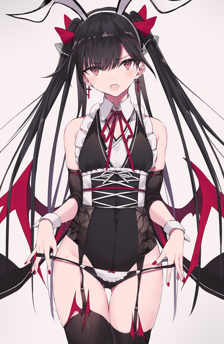 1girl :o animal_ears bare_shoulders black_hair black_legwear black_leotard black_panties bow cowboy_shot demon_wings detached_collar detached_sleeves earrings fake_animal_ears fangs frills garter_straps hair_bow hairband jewelry leotard long_hair looking_at_viewer nail_polish nanananana neck_ribbon open_mouth original panties rabbit_ears red_eyes red_nails ribbon skindentation solo sweatdrop thigh-highs thighs twintails underbust underwear very_long_hair wide_sleeves wing_collar wings wrist_cuffs