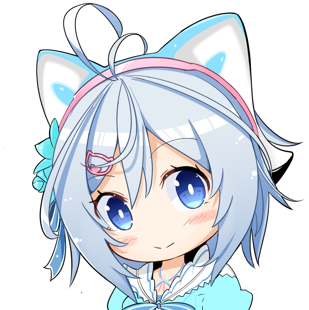 1girl animal_ears antenna_hair blue_eyes blush cat_ears chibi closed_mouth dennou_shoujo_youtuber_shiro fake_animal_ears hair_between_eyes looking_at_viewer namae_hamada shiro_(dennou_shoujo_youtuber_shiro) short_hair silver_hair simple_background smile solo upper_body virtual_youtuber white_background