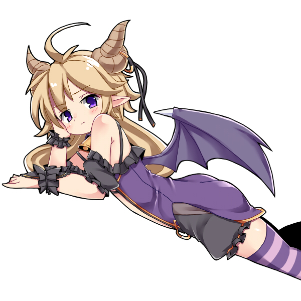 1girl ahoge bell belphe_(sennen_sensou_aigis) black_ribbon black_scrunchie blonde_hair dragon_horns dragon_wings horns long_hair looking_at_viewer low_twintails lying nemui_(nemui) on_stomach pointy_ears purple_legwear ribbon scrunchie sennen_sensou_aigis simple_background solo striped striped_legwear thigh-highs twintails violet_eyes wings wrist_scrunchie