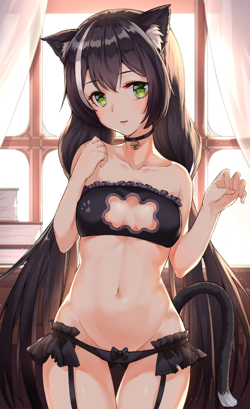 1girl animal_ear_fluff animal_ears bandeau bangs bare_arms bare_shoulders bell bell_choker black_bra black_choker black_hair black_panties blush book bow bow_panties bra breasts cat_ears cat_lingerie cat_tail choker cleavage_cutout collarbone commentary_request cowboy_shot curtains garter_straps green_eyes groin hands_up highres indoors jingle_bell kyaru_(princess_connect) long_hair looking_at_viewer meme_attire multicolored_hair navel panties parted_lips paw_print princess_connect! princess_connect!_re:dive small_breasts smile snozaki solo standing stomach strapless strapless_bra streaked_hair tail thighs tubetop underwear underwear_only very_long_hair white_hair window