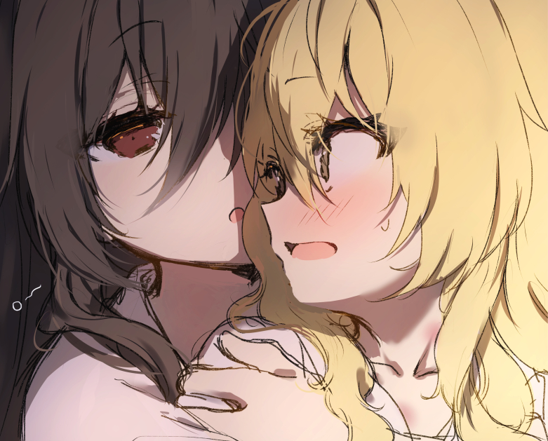 2girls :o bangs black_hair brown_eyes close-up collarbone commentary_request eyebrows_visible_through_hair hair_between_eyes hakurei_reimu hickey hug kirisame_marisa long_hair multiple_girls open_mouth piyokichi profile touhou white_robe yuri