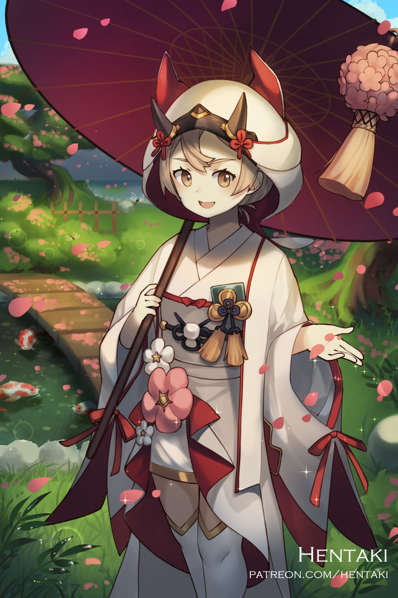 1girl :d animal artist_name bangs blush bridge bug character_request commentary day dragalia_lost dragonfly english_commentary eyebrows_behind_hair fish hentaki highres holding holding_umbrella insect japanese_clothes kimono koi long_sleeves looking_at_viewer obi open_mouth oriental_umbrella outdoors petals pond red_umbrella sash smile solo thigh-highs tree uchikake umbrella water watermark web_address white_kimono white_legwear wide_sleeves