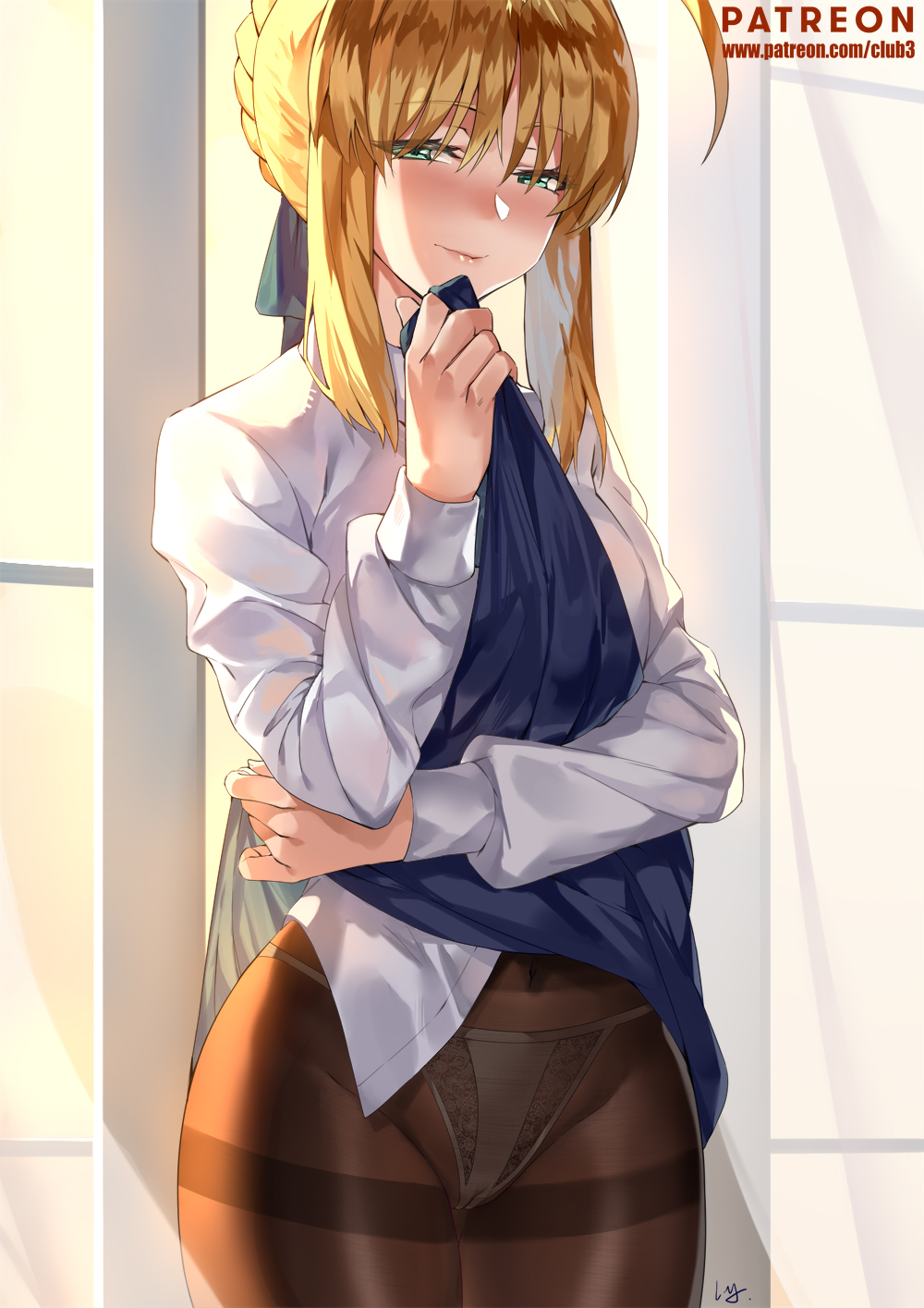 1girl ahoge artist_name artoria_pendragon_(all) blonde_hair blue_ribbon blue_skirt blush braid breasts brown_legwear casual collared_shirt cowboy_shot crown_braid fate/stay_night fate_(series) green_eyes half-closed_eyes highres indoors lifted_by_self long_hair long_sleeves nanaya_(daaijianglin) pantyhose ribbon saber shirt signature skirt skirt_lift smile solo thighband_pantyhose white_shirt