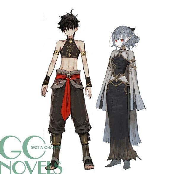 1boy 1girl armlet bangs bare_shoulders black_bow black_dress black_eyes black_hair bow closed_mouth collarbone dress jun_(seojh1029) navel original pointy_ears red_eyes silver_hair simple_background standing white_background