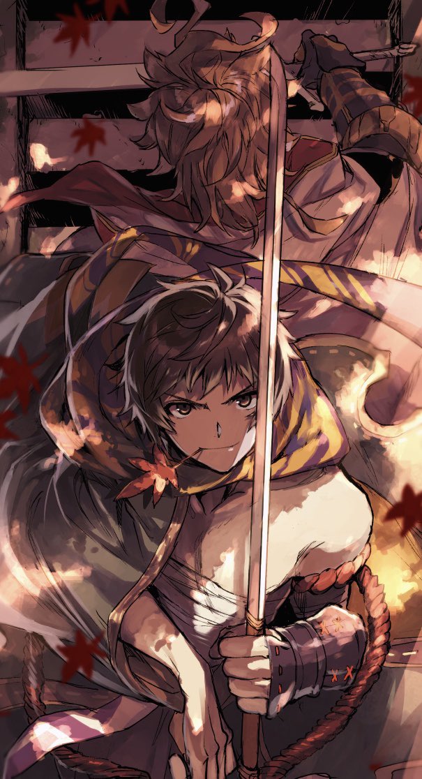 autumn autumn_leaves back-to-back bandages blonde_hair brown_eyes brown_hair cloak gran_(granblue_fantasy) granblue_fantasy holding holding_sword holding_weapon japanese_clothes katana kengou_(granblue_fantasy) leaf long_sword looking_at_viewer maple_leaf siete smile smug standing sword weapon white_cloak