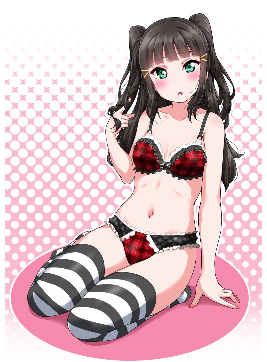 1girl :o alternate_hairstyle arm_support arm_up bangs bare_arms black_hair blunt_bangs blush bow bow_bra bra collarbone eyebrows_visible_through_hair frill_trim green_eyes hair_ornament hairclip halftone halftone_background highres kurosawa_dia lingerie long_hair looking_at_viewer love_live! love_live!_sunshine!! mole mole_under_mouth nail_polish navel open_mouth plaid plaid_bra playing polka_dot polka_dot_background red_bra seiza sitting solo striped striped_legwear thigh-highs two-tone_panties two_side_up underwear yopparai_oni
