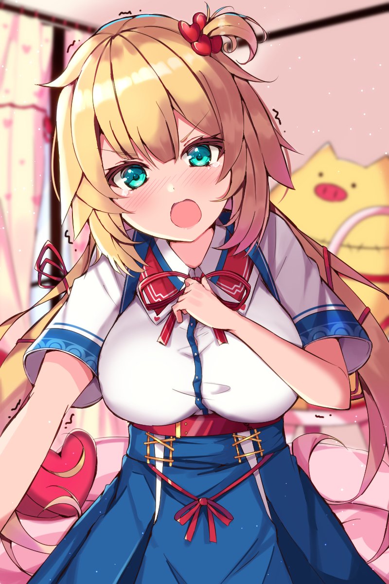 1girl akai_haato bangs blonde_hair blue_eyes blue_skirt blurry blurry_background blush breasts collared_shirt hair_between_eyes hair_ornament hand_on_own_chest heart heart_hair_ornament highres hololive indoors large_breasts long_hair looking_at_viewer mi_taro333 miniskirt motion_lines nail_polish neck_ribbon nose_blush one_side_up open_mouth red_ribbon ribbon shirt short_sleeves skirt solo tears virtual_youtuber white_shirt