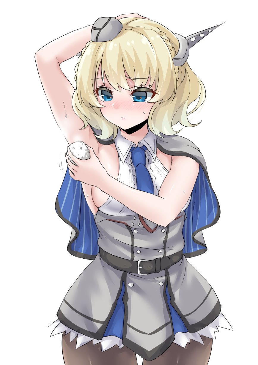 1girl armpits blonde_hair blue_eyes blue_neckwear breasts capelet colorado_(kantai_collection) commentary cowboy_shot dress english_commentary food garrison_cap grey_dress grey_headwear hat headgear highres kantai_collection large_breasts necktie onigiri pleated_dress shirt short_hair side_braids sideboob simple_background sleeveless solo takomeshi white_background white_shirt you're_doing_it_wrong
