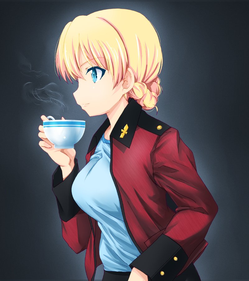 1girl bangs black_background blonde_hair blue_eyes braid commentary cup darjeeling epaulettes eyebrows_visible_through_hair fujimaru_arikui girls_und_panzer holding holding_cup jacket leaning_forward long_sleeves looking_to_the_side military military_uniform open_clothes open_jacket red_jacket short_hair solo st._gloriana's_military_uniform steam teacup tied_hair uniform