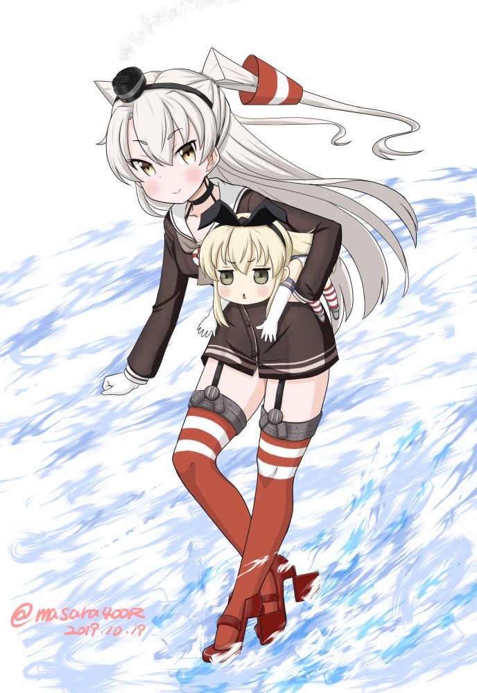 2girls amatsukaze_(kantai_collection) blonde_hair brown_dress commentary_request dated dress full_body garter_straps gloves grey_eyes hair_tubes kantai_collection leaning_forward lifebuoy long_hair looking_at_viewer masara_(masalucky2010) minigirl multiple_girls red_legwear sailor_dress shimakaze_(kantai_collection) short_dress silver_hair smile smokestack_hair_ornament striped striped_legwear thigh-highs twitter_username two_side_up water waves white_gloves windsock