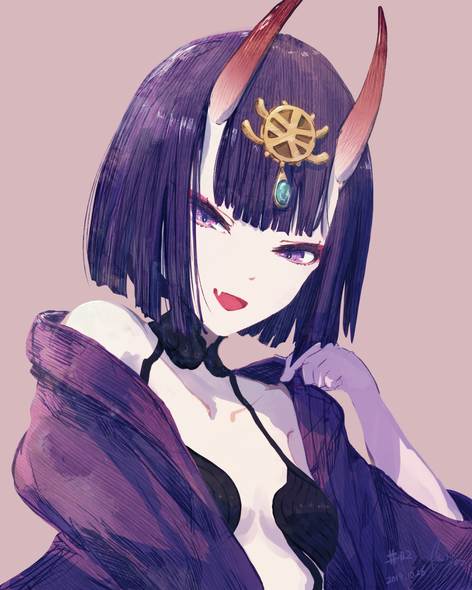 1girl :d bangs bare_shoulders breasts brown_background collarbone commentary_request dated fang fate/grand_order fate_(series) hand_up headpiece highres horns japanese_clothes kimono long_sleeves looking_at_viewer minyom off_shoulder oni oni_horns open_clothes open_kimono open_mouth purple_hair purple_kimono shuten_douji_(fate/grand_order) signature simple_background small_breasts smile solo upper_body violet_eyes wide_sleeves