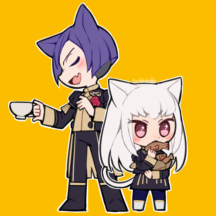 1boy 1girl animal_ears artist_name cat_ears cat_tail closed_eyes cup do_m_kaeru eating fire_emblem fire_emblem:_three_houses food garreg_mach_monastery_uniform holding holding_cup long_hair long_sleeves lorenz_hellman_gloucester lysithea_von_ordelia open_mouth pink_eyes purple_hair short_hair simple_background tail taiyaki teacup uniform wagashi white_hair yellow_background