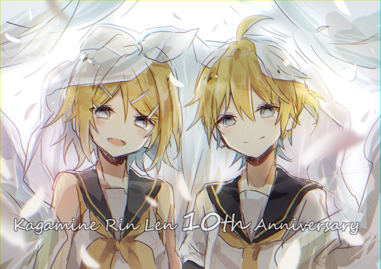 1boy 1girl ahoge anniversary backlighting bangs bare_shoulders black_collar blonde_hair blurry_foreground bow closed_mouth collar commentary curtains feathers grey_eyes hair_bow hair_ornament hairclip kagamine_len kagamine_rin looking_at_viewer neckerchief necktie open_mouth sailor_collar school_uniform see-through shirt short_hair short_ponytail short_sleeves siblings smile spiky_hair standing swept_bangs twins upper_body utaori vocaloid white_bow white_shirt yellow_neckwear