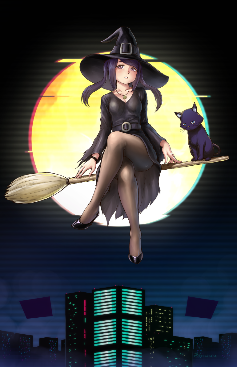 1boy 1girl black_cat black_dress broom broom_riding cat city cityscape commentary_request crossed_legs cyberpunk dress finalcake fore full_moon halloween hat high_heels jewelry jill_stingray moon necklace night night_sky pantyhose purple_hair sky thighs trick_or_treat twintails va-11_hall-a witch witch_hat