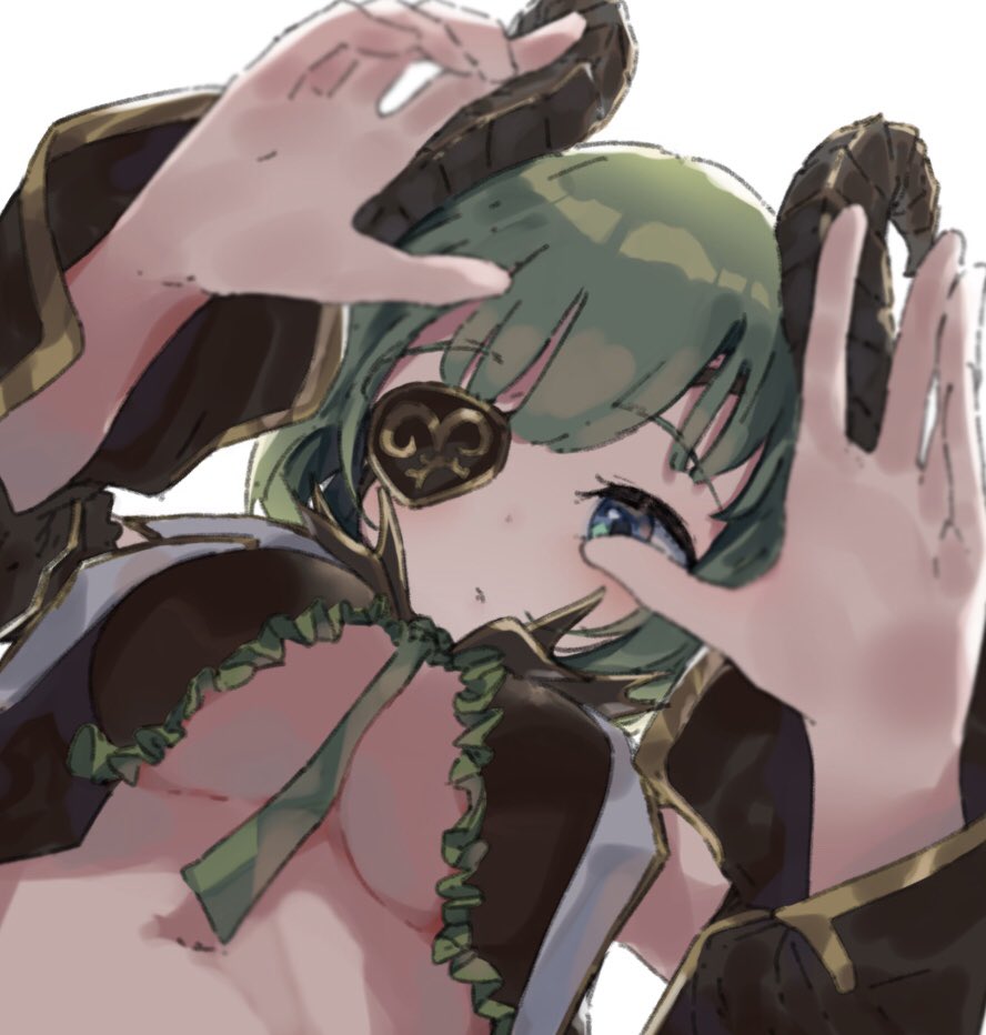 1girl bangs blue_eyes blurry_foreground blush breasts curled_horns demon_girl demon_horns detached_sleeves epi_zero eyepatch frills from_below green_hair green_neckwear honey_strap horns large_breasts long_sleeves looking_at_viewer looking_down navel no_bra parted_lips sekishiro_mico short_hair simple_background solo under_boob virtual_youtuber white_background