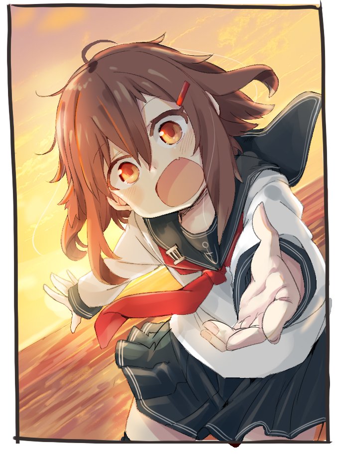 1girl anchor anchor_symbol bangs blush brown_eyes brown_hair evening eyebrows_visible_through_hair fang hair_between_eyes hair_ornament hairclip ikazuchi_(kantai_collection) kantai_collection long_sleeves majima ocean open_mouth outdoors outstretched_arm pleated_skirt red_neckwear sailor_collar school_uniform serafuku skin_fang skirt sky solo water