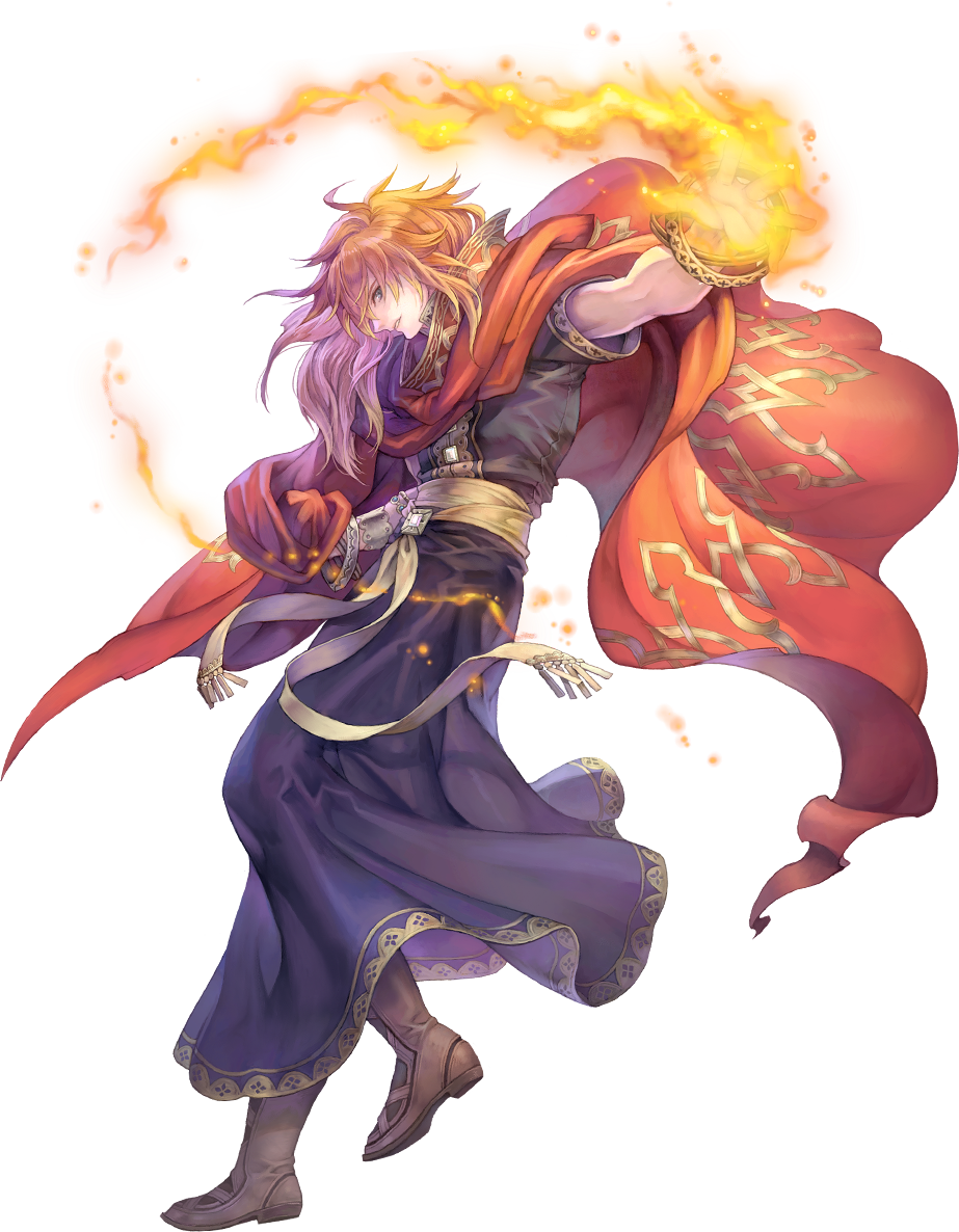 1boy artist_request boots bracelet brown_footwear cloak deathjester fire from_side full_body green_eyes jewelry koren_no_madoshi long_hair looking_at_viewer magic official_art orange_hair parted_lips robe seiken_densetsu seiken_densetsu_3 transparent_background