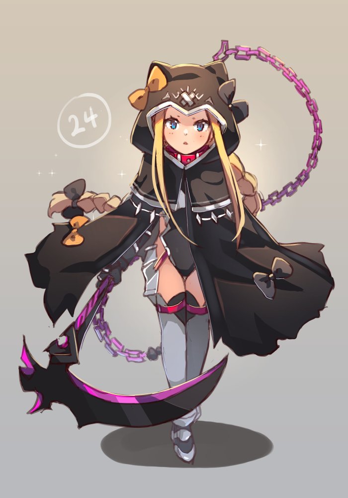 1girl abigail_williams_(fate/grand_order) armored_boots bangs belt_collar black_bow black_capelet black_cloak black_leotard blonde_hair blue_eyes blush boots bow braid breasts capelet chain cloak closed_mouth collar commentary cosplay english_commentary fate/grand_order fate_(series) forehead full_body grey_background hair_bow holding holding_scythe hood hood_up hooded_capelet hooded_cloak leotard long_hair looking_at_viewer low-tied_long_hair medusa_(lancer)_(fate) medusa_(lancer)_(fate)_(cosplay) miya_(pixiv15283026) multiple_bows orange_bow parted_bangs parted_lips rider scythe shadow sidelocks single_braid small_breasts solo very_long_hair
