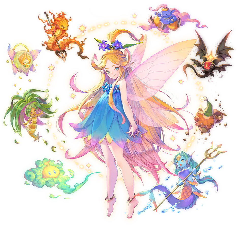 anklet artist_request bare_shoulders blonde_hair blue_dress blue_skin bracelet closed_mouth dress dryad_(seiken_densetsu) faerie_(seiken_densetsu_3) fairy flower full_body gnome_(seiken_densetsu) green_eyes hair_flower hair_ornament hair_up holding_polearm interlocked_fingers jewelry jinn_(seiken_densetsu) layered_dress long_hair looking_at_viewer luna_(seiken_densetsu) mermaid monster_girl official_art pointy_ears salamander_(seiken_densetsu) seiken_densetsu seiken_densetsu_3 shade_(seiken_densetsu) sleeveless smile solo_focus transparent_background undine_(seiken_densetsu) very_long_hair will-o'-wisp_(seiken_densetsu)