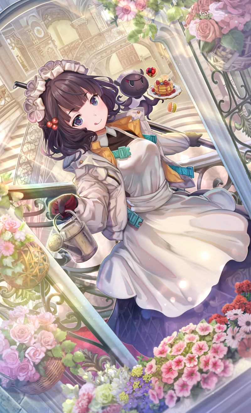 1girl alternate_costume apron black_dress black_gloves blue_flower dress english_commentary enmaided fate/grand_order fate_(series) flower frilled_apron frills gloves hair_bun hair_ornament hairpin highres jacket katsushika_hokusai_(fate/grand_order) long_sleeves maid maid_apron octopus pink_flower purple_hair smile tokitarou_(fate/grand_order) torino_akua violet_eyes watering_can white_apron white_jacket window yellow_flower