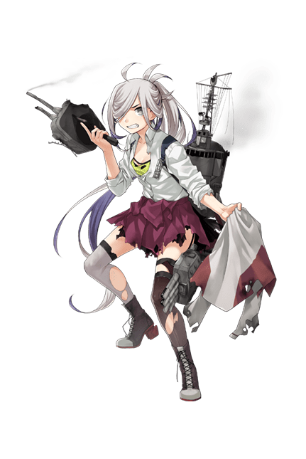 1girl adapted_turret ahoge asashimo_(kantai_collection) blazer blazer_removed boots bow bowtie brown_legwear camisole cannon clenched_teeth clothes_removed cross-laced_footwear damaged grey_eyes grey_hair grey_legwear grin hair_over_one_eye holding holding_jacket jacket jacket_removed kantai_collection lace-up_boots long_hair looking_at_viewer machinery mast mismatched_legwear official_art ponytail remodel_(kantai_collection) school_uniform sharp_teeth silver_hair sleeves_rolled_up smile solo stance standing teeth thigh-highs torn_clothes transparent_background turret