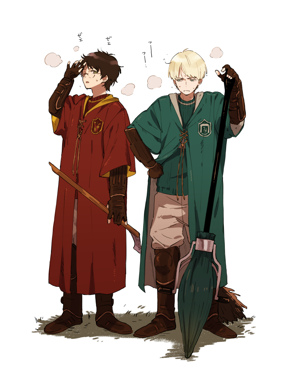 2boys alternate_eye_color blonde_hair boots broom brown_footwear brown_gloves brown_hair coat draco_malfoy facial_scar fingerless_gloves frown full_body glasses gloves green_coat green_eyes green_sweater grey_eyes gryffindor hand_up harry_james_potter harry_potter highres hogwarts_school_uniform holding ko_me_k long_sleeves looking_at_viewer male_focus messy_hair multiple_boys pants quidditch red_coat red_sweater scar school_uniform slytherin standing steaming_body sweat sweater white_background white_pants