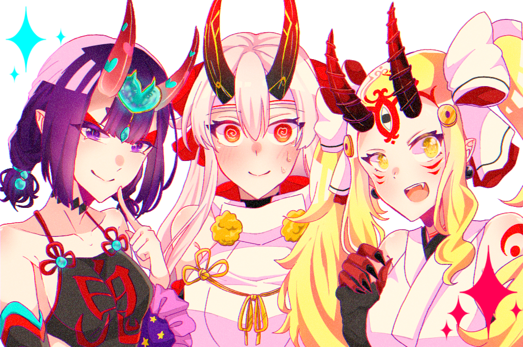 3girls @_@ bangs bare_shoulders black_gloves blonde_hair blush bow breasts chinese_clothes choker closed_mouth collarbone dudou earrings elbow_gloves eyeliner facial_mark fang fate/grand_order fate_(series) finger_to_cheek fingerless_gloves fingernails forehead forehead_jewel forehead_mark gloves hair_between_eyes hair_pulled_back headband headpiece heart horns ibaraki_douji_(fate/grand_order) ibaraki_douji_(swimsuit_lancer)_(fate) ironashi_(pixiv34517100) japanese_clothes jewelry kimono large_breasts long_hair looking_at_viewer low_twintails makeup multiple_girls oni oni_horns pointy_ears purple_hair red_bow red_eyes sash sharp_fingernails short_eyebrows short_hair short_twintails shuten_douji_(fate/grand_order) shuten_douji_(halloween_caster)_(fate) sidelocks silver_hair simple_background small_breasts smile sparkle star star_print swimsuit tattoo tomoe_gozen_(fate/grand_order) twintails very_long_hair violet_eyes white_background white_kimono white_swimsuit yellow_eyes