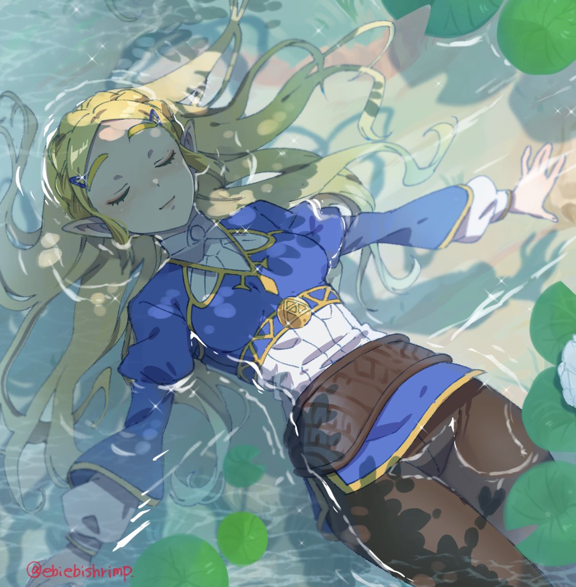 1girl bangs blonde_hair braid breasts closed_eyes crown_braid day flower hair_ornament hairclip lips long_hair long_sleeves lotus lying medium_breasts on_back outdoors pants parted_bangs partially_submerged pointy_ears princess_zelda shirt shuri_(84k) smile solo sparkle sunlight the_legend_of_zelda the_legend_of_zelda:_breath_of_the_wild thick_eyebrows twitter_username water