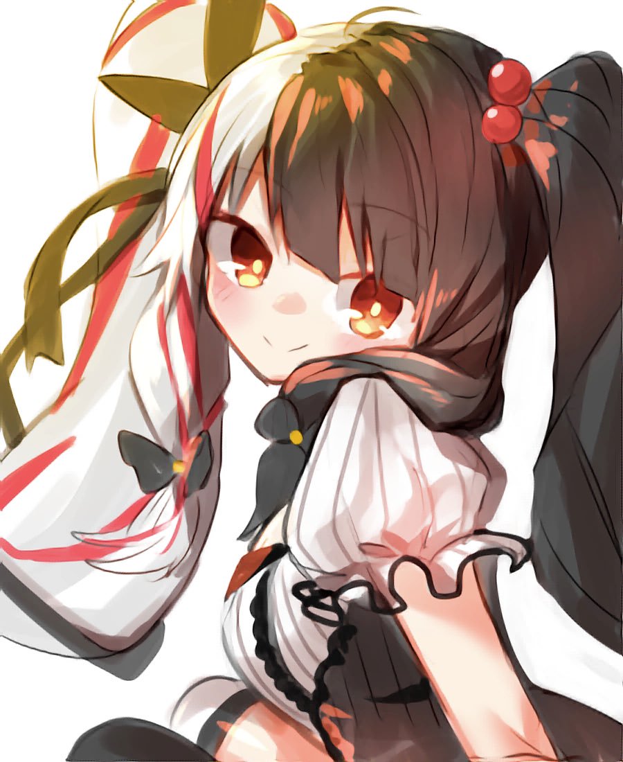 1girl bangs black_bow black_hair black_legwear black_ribbon bow breasts closed_mouth daifukumochi_(akaaokiiwo) eyebrows_visible_through_hair grey_hair hair_bobbles hair_bow hair_ornament hair_ribbon leaning_forward looking_at_viewer looking_to_the_side mismatched_legwear multicolored_hair nijisanji puffy_short_sleeves puffy_sleeves red_eyes redhead ribbon shirt short_sleeves sidelocks simple_background sitting small_breasts smile solo streaked_hair thigh-highs two-tone_hair virtual_youtuber white_background white_legwear white_shirt yorumi_rena