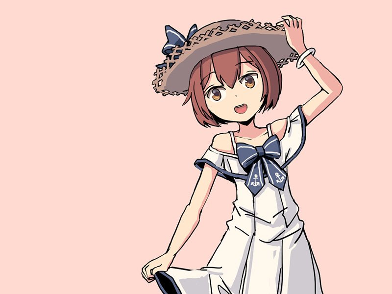 1girl adrian_ferrer anchor_symbol black_bow bow brown_eyes brown_hair commentary cowboy_shot dress english_commentary hat kantai_collection looking_at_viewer open_mouth pink_background round_teeth short_hair simple_background sleeveless sleeveless_dress smile solo standing straw_hat sun_hat sundress teeth upper_teeth white_dress yukikaze_(kantai_collection)