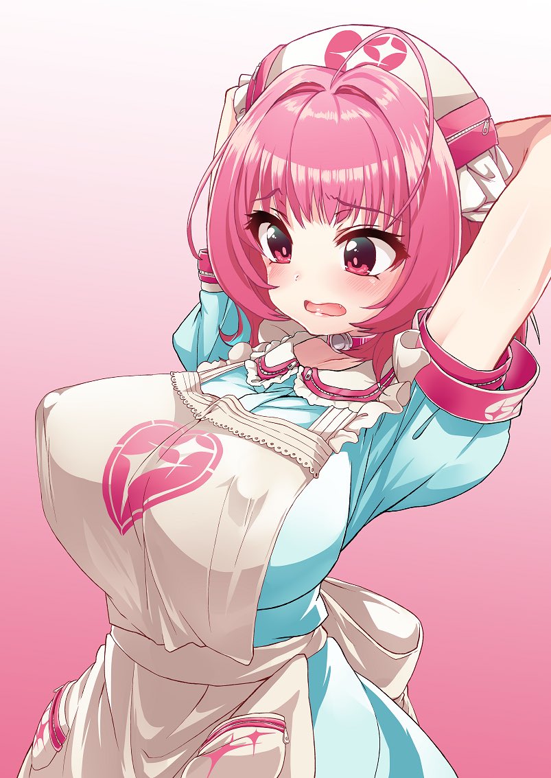 1girl ahoge belt_collar breasts choker collar covered_nipples fang hat idol idolmaster idolmaster_cinderella_girls large_breasts nurse nurse_cap pill_earrings pink_choker pink_collar pink_eyes pink_hair shift_(waage) yumemi_riamu