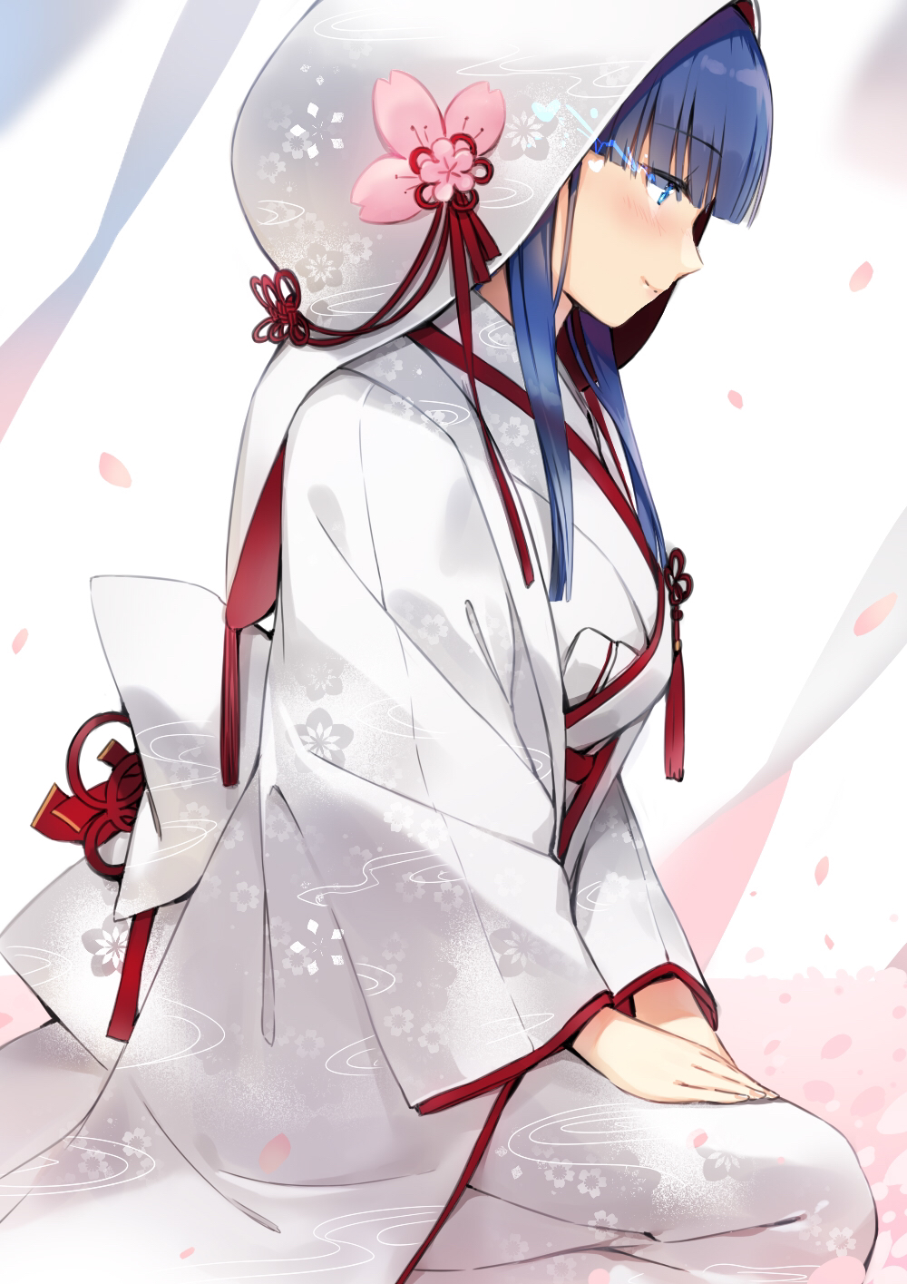 1girl azur_lane bangs blue_eyes blue_hair blush closed_mouth commentary eyebrows_visible_through_hair from_side glowing glowing_eye hands_on_lap highres hood hood_up ibuki_(azur_lane) japanese_clothes kimono long_hair long_sleeves looking_away maya_g petals profile seiza sitting solo symbol_commentary tassel uchikake white_kimono