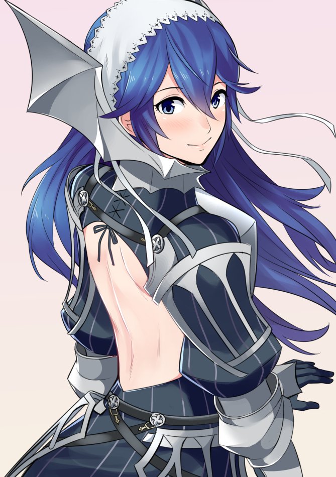 1girl ameno_(a_meno0) back_cutout backless_outfit blue_eyes blue_hair blush cherche_(fire_emblem) cherche_(fire_emblem)_(cosplay) closed_mouth cosplay fire_emblem fire_emblem_awakening from_behind gauntlets long_hair looking_back lucina lucina_(fire_emblem) maid_headdress serge_(fire_emblem) serge_(fire_emblem)_(cosplay) simple_background smile solo upper_body