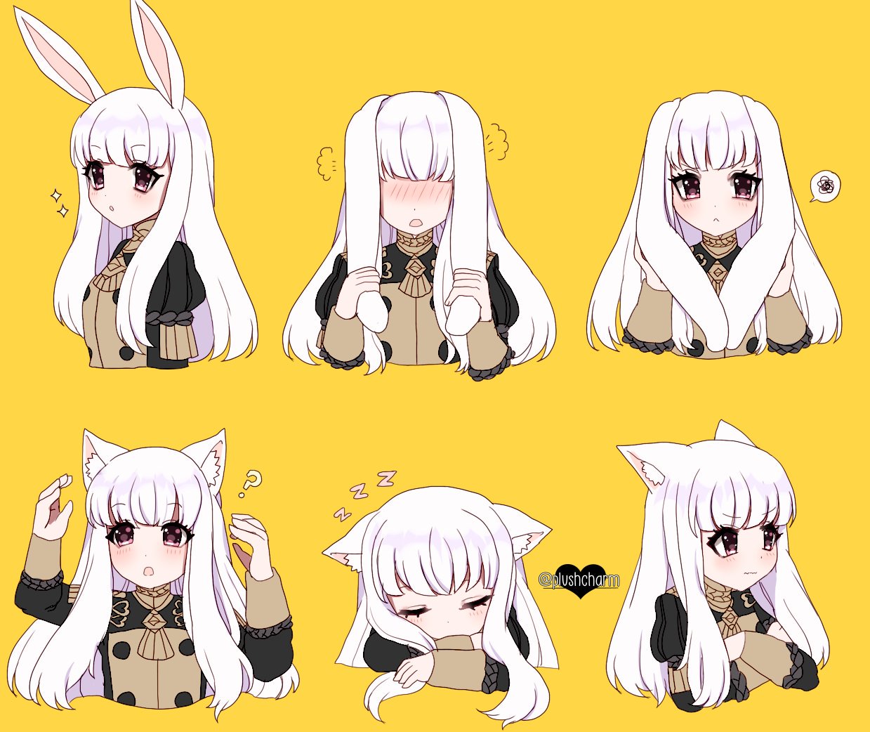 1girl animal_ears blush cat_ears closed_eyes closed_mouth crossed_arms fire_emblem fire_emblem:_three_houses garreg_mach_monastery_uniform long_hair long_sleeves lysithea_von_ordelia multiple_views open_mouth pink_eyes plushcharm rabbit_ears simple_background sleeping twitter_username uniform upper_body white_hair yellow_background