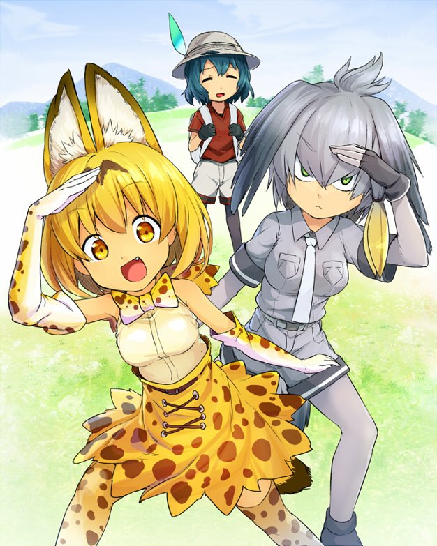 3girls :d animal_ears backpack bag bangs black_gloves black_hair black_legwear blonde_hair blue_sky bodystocking bow bowtie breast_pocket brown_shorts closed_eyes closed_mouth clouds cloudy_sky collared_shirt commentary day elbow_gloves extra_ears eyebrows_visible_through_hair fang fingerless_gloves frown gloves grey_hair grey_neckwear grey_shirt grey_shorts hat hat_feather helmet high-waist_skirt kaban_(kemono_friends) kemono_friends leaning_to_the_side legwear_under_shorts long_sleeves looking_at_viewer magenta_(atyana) medium_hair multicolored_hair multiple_girls necktie open_mouth outdoors pantyhose pith_helmet pocket print_gloves print_legwear print_neckwear print_skirt red_shirt serval_(kemono_friends) serval_ears serval_print serval_tail shading_eyes shirt shoebill_(kemono_friends) short_hair short_over_long_sleeves short_sleeves shorts side_ponytail skirt sky sleeveless sleeveless_shirt smile standing striped_tail tail wavy_hair yellow_eyes yellow_gloves yellow_legwear yellow_neckwear yellow_skirt