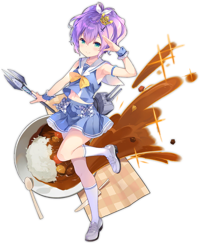 1girl aqua_eyes arm_up azur_lane blush curry curry_rice eyebrows_visible_through_hair food full_body grey_footwear javelin_(azur_lane) kaede_(003591163) kneehighs knife loafers looking_at_viewer official_art plate purple_hair rice shoes short_hair smile solo spoon transparent_background white_legwear