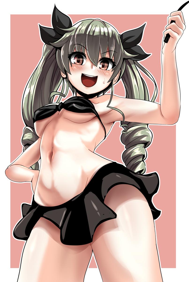 1girl anchovy bangs bikini bikini_skirt black_bikini black_ribbon blush breasts commentary cowboy_shot drill_hair eyebrows_visible_through_hair girls_und_panzer green_hair hair_ribbon hand_on_hip highres holding long_hair looking_at_viewer medium_breasts navel open_mouth outline outside_border pink_background red_eyes ribbon riding_crop smile solo standing sweatdrop swimsuit twin_drills twintails under_boob white_outline yaruku