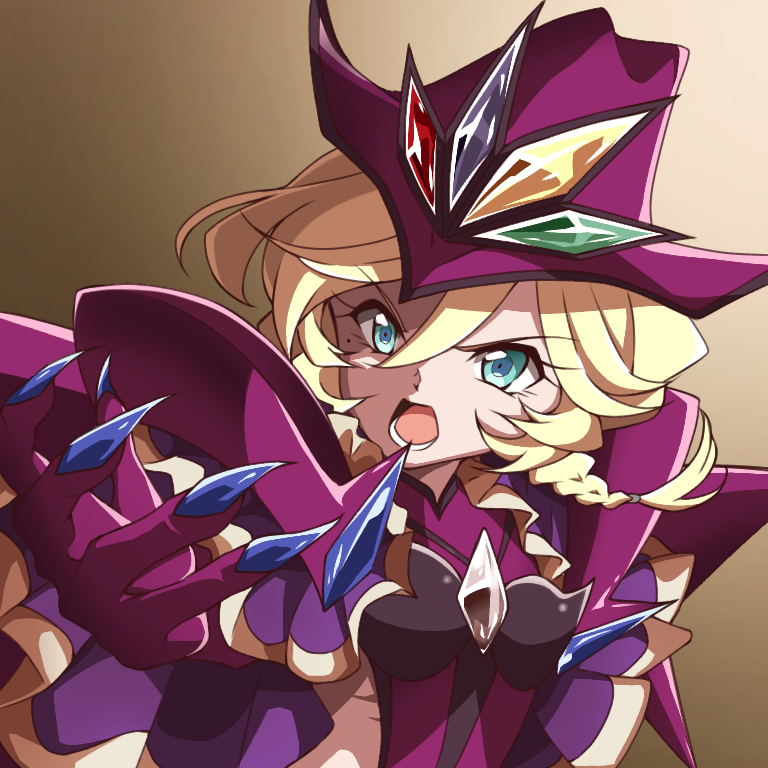 1girl blonde_hair blue_eyes braid carol_malus_dienheim commentary_request elbow_gloves gloves gradient gradient_background hair_between_eyes hat kanaden looking_at_viewer mole mole_under_eye open_mouth pauldrons purple_gloves purple_headwear senki_zesshou_symphogear short_hair side_cutout solo teeth upper_body