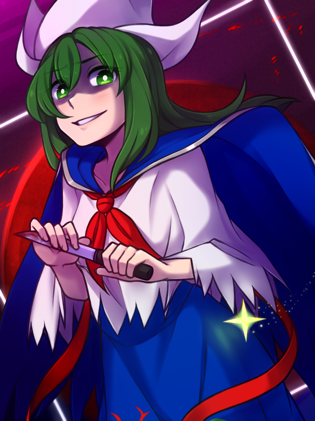 1girl blood blue_cape blue_skirt bright_pupils cape collarbone commentary eyebrows_visible_through_hair green_eyes green_hair grin hat highres holding holding_knife knife long_hair mima neckerchief red_neckwear red_ribbon ribbon shaded_face shirt skirt smile solo speckticuls touhou touhou_(pc-98) white_headwear white_pupils white_shirt