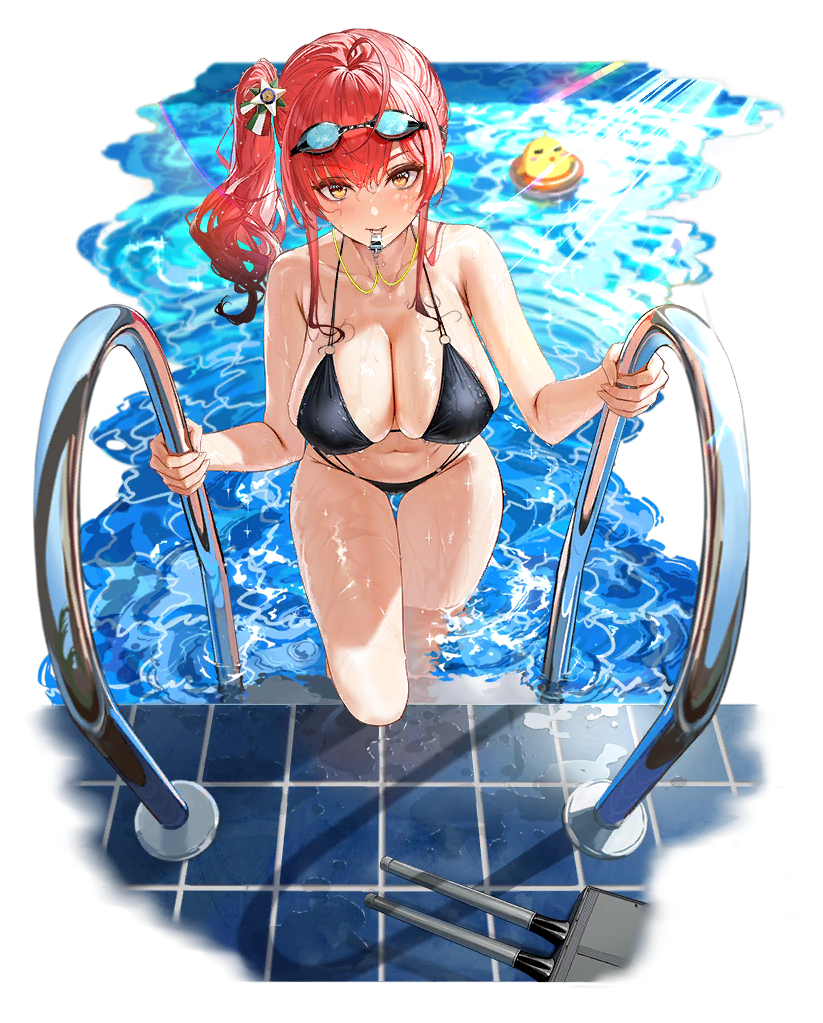 1girl ahoge alternative_costume asymmetrical_hair azur_lane bare_shoulders bikini bird black_bikini black_swimsuit blurry blurry_background breasts brown_eyes cannon chick clavicle cleavage climbing eyebrows_visible_through_hair female glint goggles goggles_on_head large_breasts lifebuoy looking_at_viewer manjuu_(azur_lane) medal mouth_hold mr_cloud navel official_art palm_tree ponytail pool pool_ladder poolside redhead ripples side_ponytail skindentation smile solo sunlight swimsuit tachi-e thigh_gap thighs tied_hair tile_floor tiles transparent_background tree turret water wet whistle whistle_around_neck zara_(azur_lane) zara_(poolside_coincidence)_(azur_lane)