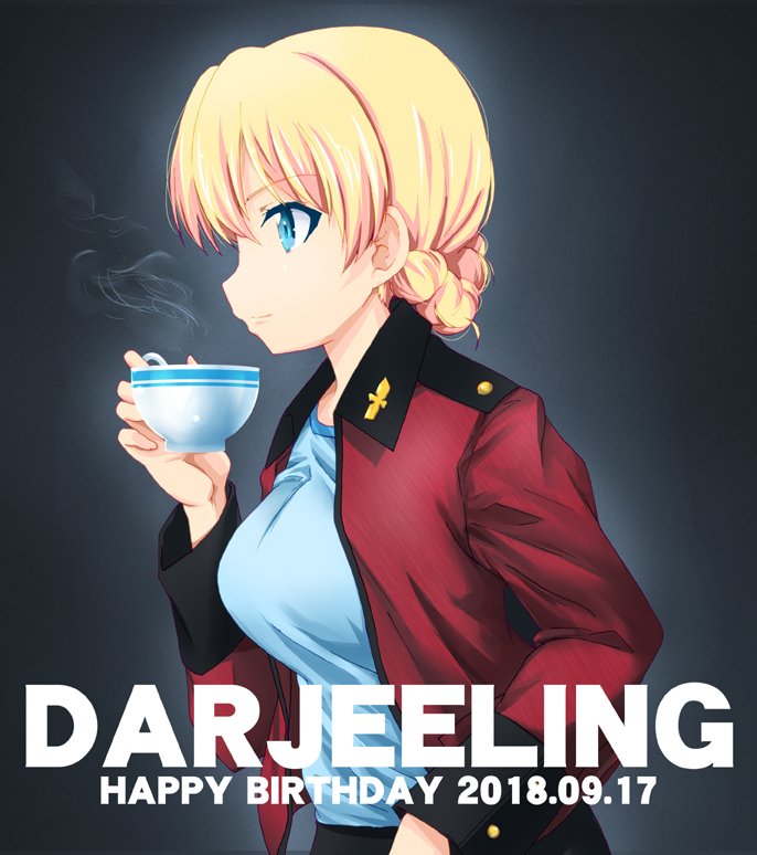 1girl bangs black_background blonde_hair blue_eyes braid character_name cup darjeeling dated epaulettes eyebrows_visible_through_hair fujimaru_arikui girls_und_panzer holding holding_cup jacket leaning_forward long_sleeves looking_to_the_side military military_uniform open_clothes open_jacket red_jacket short_hair solo st._gloriana's_military_uniform steam teacup tied_hair uniform