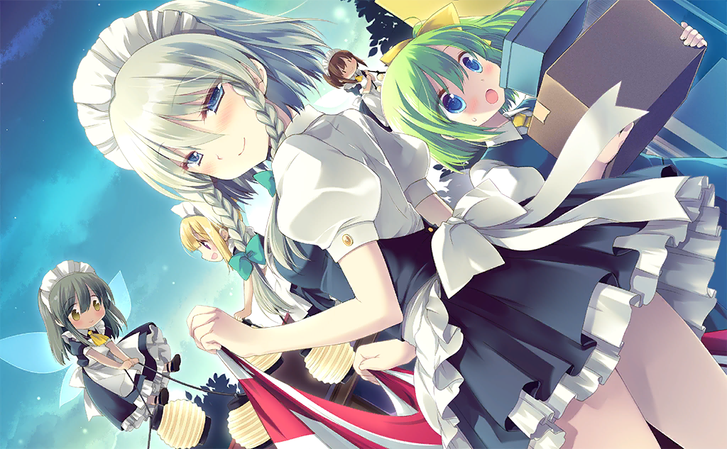 5girls :d :o apron artist_request ascot bangs blonde_hair blue_dress blue_eyes blush bow box braid breasts brown_hair cowboy_shot daiyousei dress dutch_angle eyebrows_visible_through_hair fairy_maid fairy_wings frilled_apron frills from_behind green_bow green_hair grey_hair hair_between_eyes hair_bow holding holding_box izayoi_sakuya long_hair looking_at_viewer looking_back maid maid_apron maid_headdress medium_breasts multiple_girls night night_sky one_side_up open_mouth outdoors petticoat pinafore_dress profile puffy_short_sleeves puffy_sleeves shirt short_dress short_hair short_sleeves sidelocks silver_hair sky smile standing sweat thighs touhou touhou_cannonball twin_braids waist_apron white_apron white_shirt wings yellow_bow yellow_eyes yellow_neckwear |_|