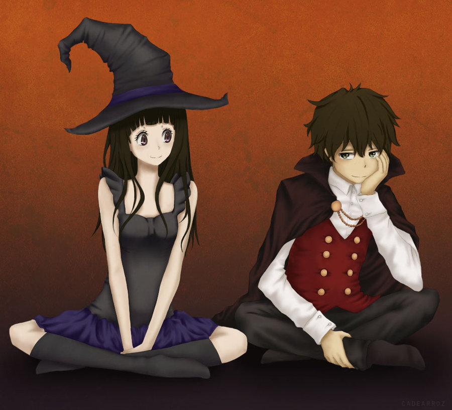 1boy 1girl black_hair chitanda_eru couple green_eyes halloween halloween_costume hyouka kadokawa_shoten kyoto_animation lagoliv long_hair long_sleeves looking_at_another love oreki_houtarou short_hair sitting smile violet_eyes witch_dress witch_hat