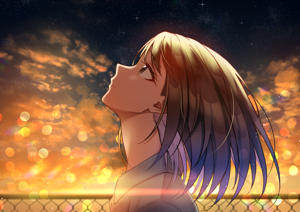 1girl black_shirt blurry blurry_background brown_eyes brown_hair chain-link_fence clouds cloudy_sky collared_shirt commentary_request depth_of_field fence long_hair looking_away looking_up minatoasu multicolored_hair original outdoors pink_hair portrait shirt sky solo star_(sky) starry_sky sunset two-tone_hair