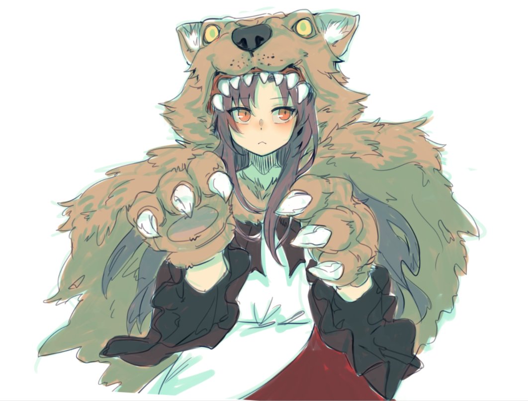 1girl berabou brown_hair claw_pose claws dress expressionless fangs frilled_sleeves frills gloves imaizumi_kagerou long_hair long_sleeves orange_eyes paw_gloves paws pelt sketch touhou wolf_pelt