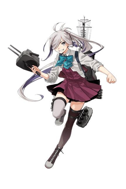 1girl adapted_turret ahoge asashimo_(kantai_collection) blazer boots bow bowtie brown_legwear cannon cross-laced_footwear grey_eyes grey_hair grey_legwear grin hair_over_one_eye jacket kantai_collection lace-up_boots long_hair looking_at_viewer machinery mast mismatched_legwear official_art ponytail remodel_(kantai_collection) school_uniform sharp_teeth silver_hair sleeves_rolled_up smile solo teeth thigh-highs transparent_background turret