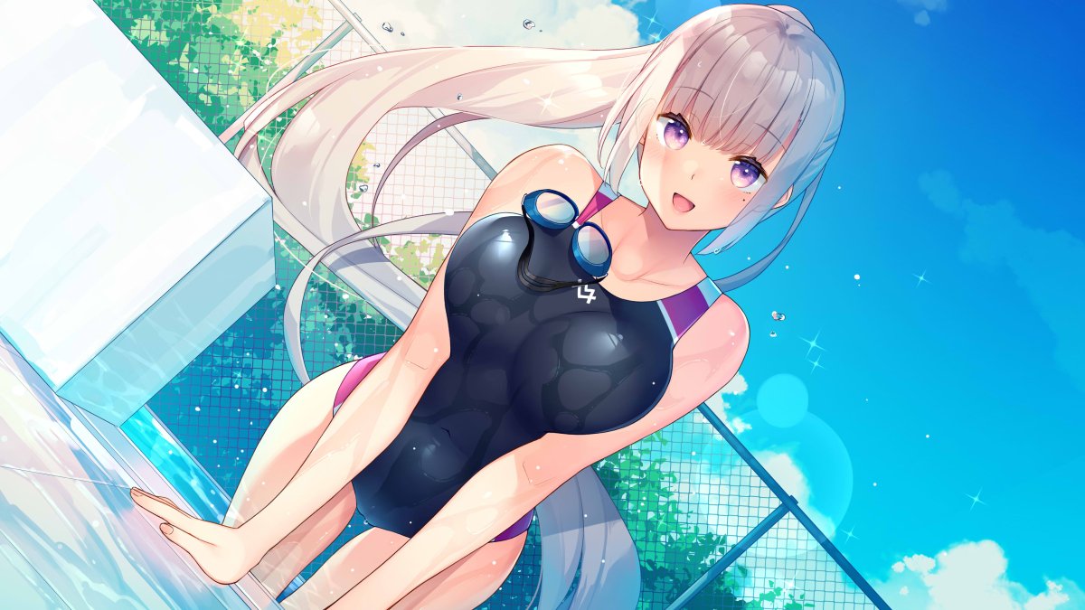 1girl :d arm_support bare_arms bare_shoulders bekotarou black_swimsuit blue_sky breasts chain-link_fence collarbone competition_swimsuit day dutch_angle fence goggles large_breasts lens_flare long_hair looking_at_viewer mole mole_under_eye one-piece_swimsuit open_mouth original outdoors ponytail pool sidelocks silver_hair sky smile solo sunlight swimsuit thighs very_long_hair violet_eyes water wet wet_clothes wet_swimsuit
