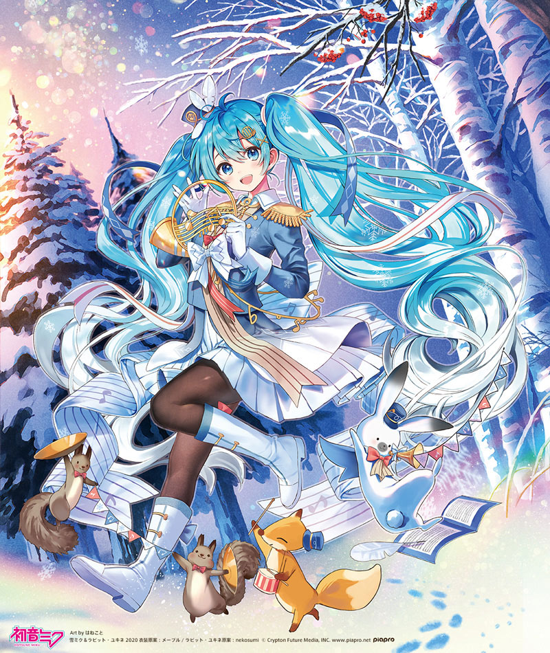 animal band_uniform birch black_legwear blue_eyes blue_hair blue_jacket boots bow bowtie crypton_future_media dawn drum drumsticks eighth_note epaulettes feathers footprints fox french_horn gradient hair_ornament hand_up hanekoto hat hat_feather hatsune_miku holding holding_instrument horn instrument jacket leg_up long_hair looking_at_viewer musical_note official_art open_mouth outdoors piapro pine_tree pleated_skirt red_neckwear ribbon sheet_music skirt smile snow snowflake_print snowflakes squirrel string_of_flags tambourine tassel thigh-highs tree twintails very_long_hair vocaloid waving white_footwear white_hair white_skirt winter yuki_miku yuki_miku_(2020) yukine_(vocaloid)