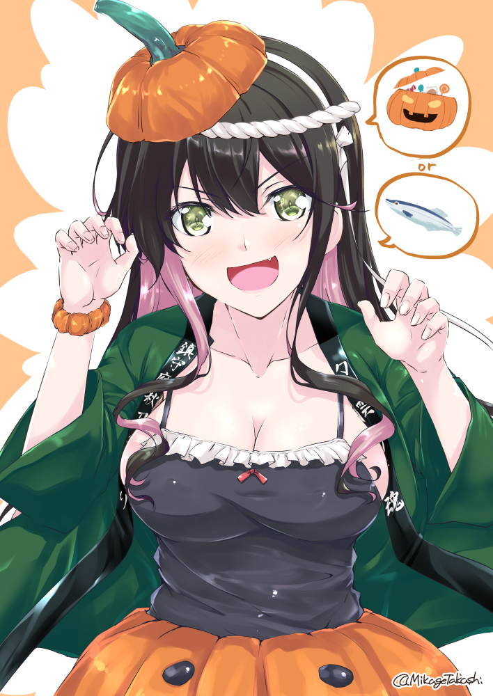 1girl alternate_costume bangs black_hair blush breasts candy claw_pose commentary_request cosplay cowboy_shot eyebrows_visible_through_hair fang fish food green_eyes hairband halloween halloween_costume jack-o'-lantern jacket kantai_collection large_breasts libeccio_(kantai_collection) libeccio_(kantai_collection)_(cosplay) long_hair looking_at_viewer mikage_takashi multicolored_hair naganami_(kantai_collection) open_mouth pink_hair pumpkin pumpkin_hat pumpkin_pants scrunchie simple_background smile solo trick_or_treat two-tone_hair white_hairband wrist_scrunchie