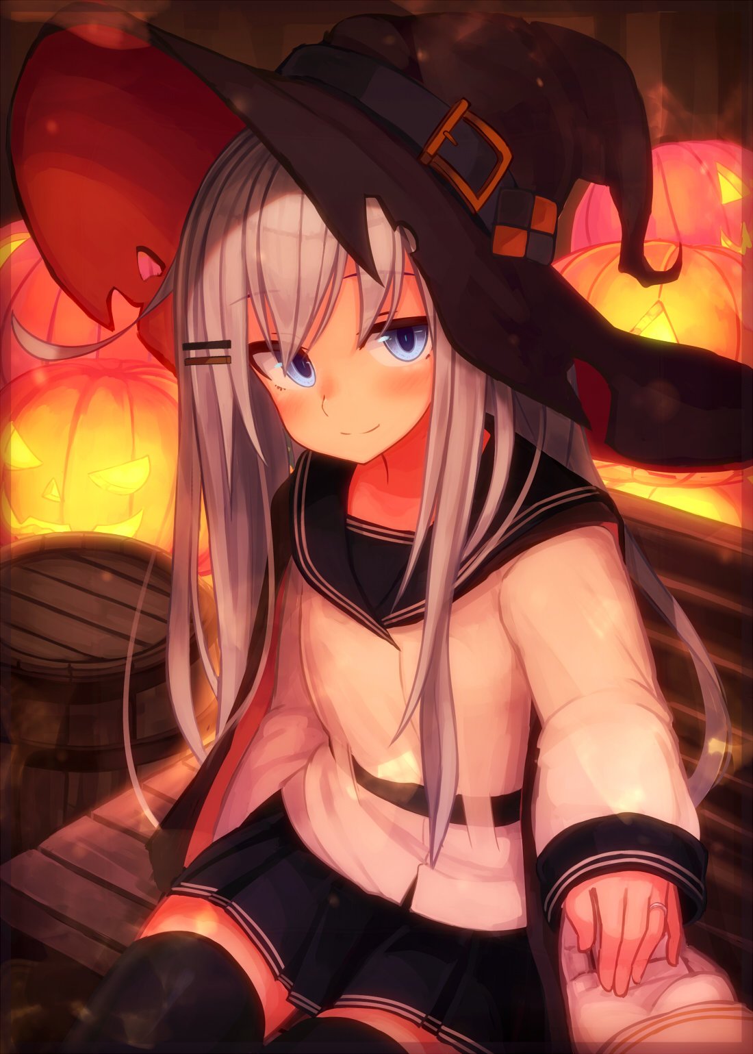 1girl bangs barrel black_legwear blue_eyes blush eyebrows_visible_through_hair gloves hair_ornament hairclip halloween hat hibiki_(kantai_collection) highres jack-o'-lantern jewelry kantai_collection long_hair long_sleeves out_of_frame pleated_skirt pumpkin reitou_mikan ring sailor_collar school_uniform serafuku silver_hair sitting skirt smile thigh-highs torn_clothes torn_hat verniy_(kantai_collection) wedding_band white_gloves witch_hat